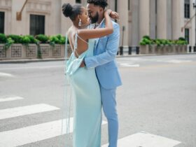 Couple embracing on the pedestrian walk