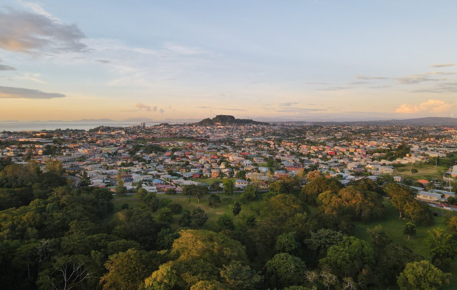 Aerial view of the cityscape of San Fernando against the dusk sky at sunset in Trinidad and Tobago